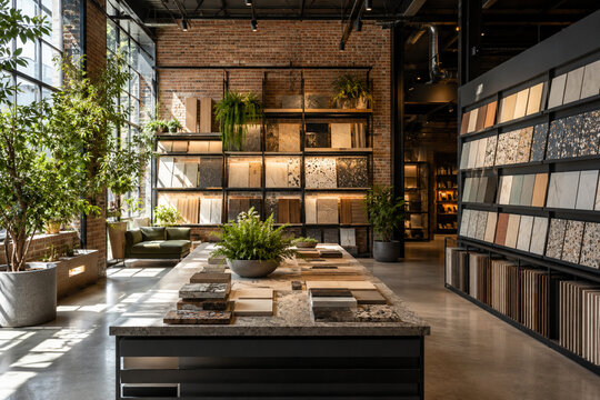 Architectural Material Showroom Stone Tile Samples Brick Walls Industrial Shelving Plants