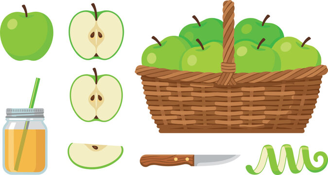 Green Apple Vector Set with Fruit Basket, Fresh Juice Jar, Apple Slices, Peel, and Knife Elements for Autumn Harvest and Food Design