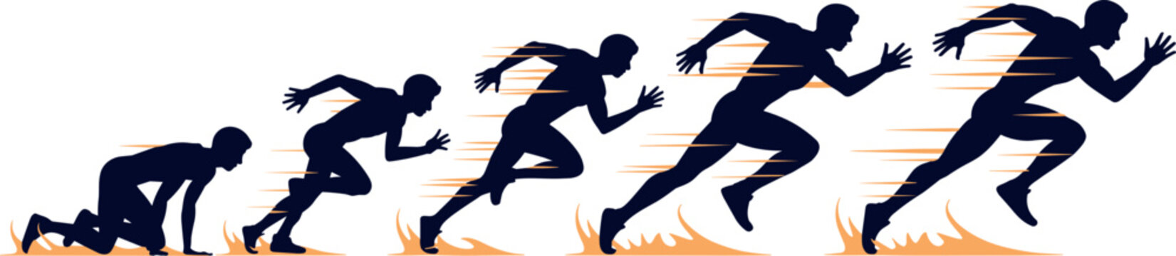Sequential athletic illustration showing a male runner's progression from a starting block position to a full sprint for sports performance and training concepts.