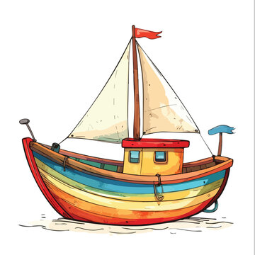 Colorful Hand Drawn Watercolor Illustration of a Small Wooden Sailboat.