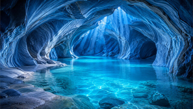 Fictional Blue Ice Cave with Turquoise Lagoon and Sunbeams