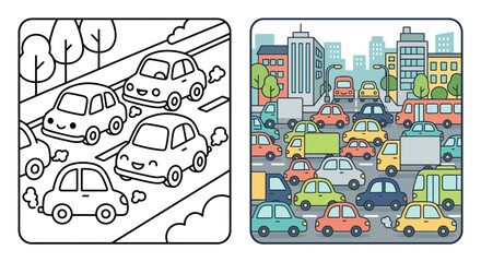 Naklejka premium Busy city traffic jam coloring page for kids