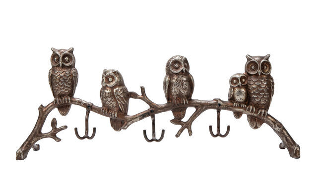 Decorative metal wall hook rack with cute owl figures sitting on a tree branch