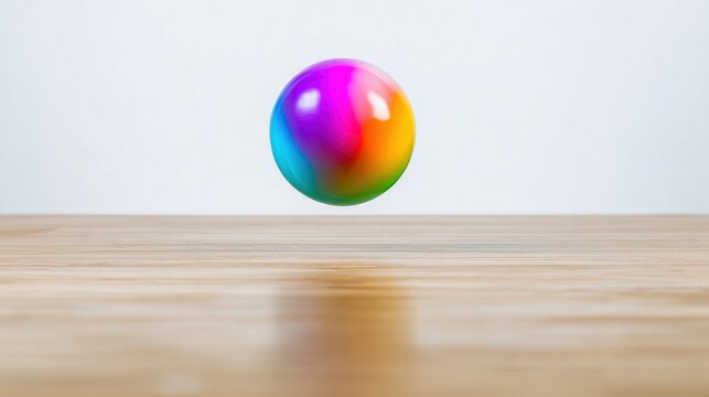 bouncing. Colorful rubber ball bouncing high above a polished hardwood floor. event key visuals, club posters, designed for fitness apps and gym onboarding, supports training.