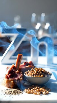 Smoked sausages and grains on a table with a bowl of seeds