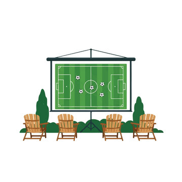 A flat vector illustration of a suburban backyard watch party with a generic projector screen showing a soccer pitch and lawn chairs. Colors of forest green, tan, and white. Minimalist flat