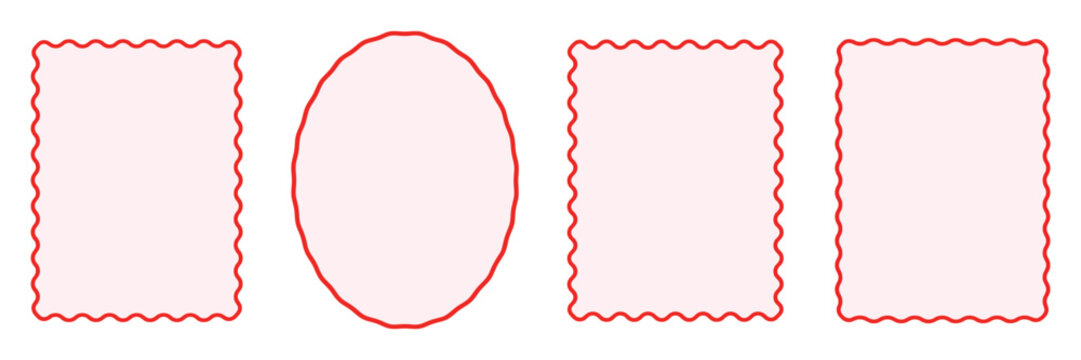 Wavy edge shapes frame box, squiggle curve doodle rectangle and oval sketch borders, isolated on transparent background.