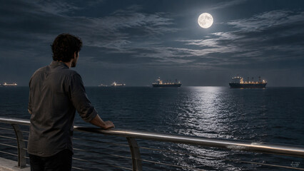 Fototapeta premium A man in gray shirt standing by a railing overlooking the vibrant sea with cargo ships in the bac...