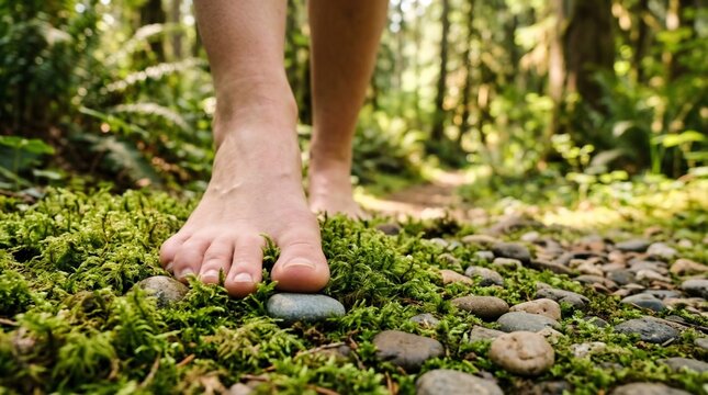 Woman walking barefoot on mossy forest ground. Concept of sensory connection with nature, mindfulness, grounding and wellness. Reconnecting with wilderness through physical tactile contact.