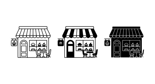 Bakery Shop Icons, Cafe Storefronts, Sweet Treats Facades, Commercial Building Vector Graphics