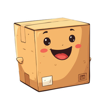 Cute cartoon cardboard delivery box character with happy smiling face.