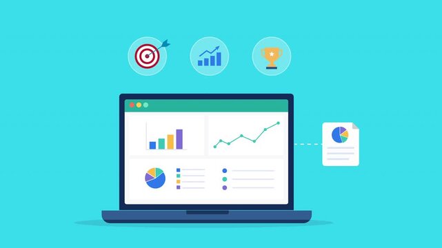 Modern flat vector animation featuring an analytics dashboard with target, growth, and innovation icons. Ideal for KPI monitoring, business intelligence, strategic planning, and performance reporting 