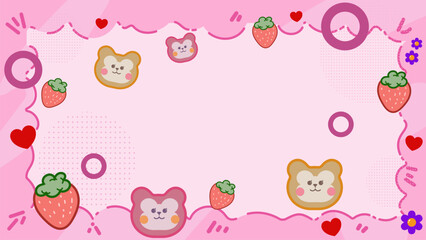 Fototapeta premium Adorable pastel pink background featuring cute bear faces, hearts, and strawberry, digital vector for children wallpaper and baby stationery.