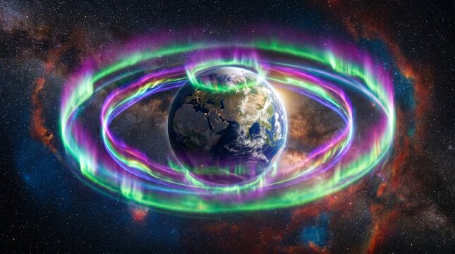 Earth Surrounded by Vibrant Aurora Rings and Geomagnetic Energy Fields in Space, Stunning Space Weather Illustration