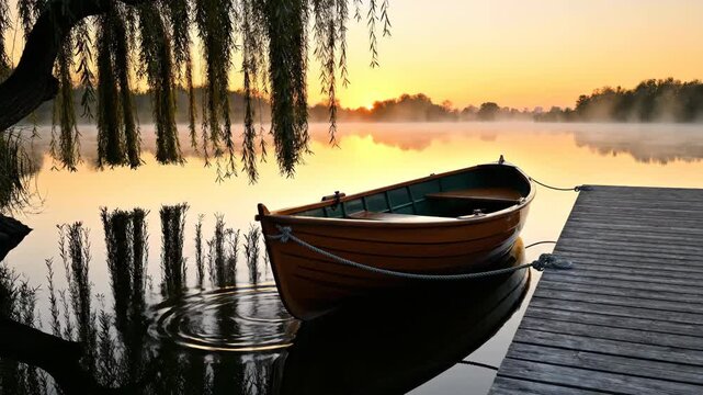 Wooden Rowboat Tied to Weathered Dock by Weeping Willow at Serene Misty Sunrise