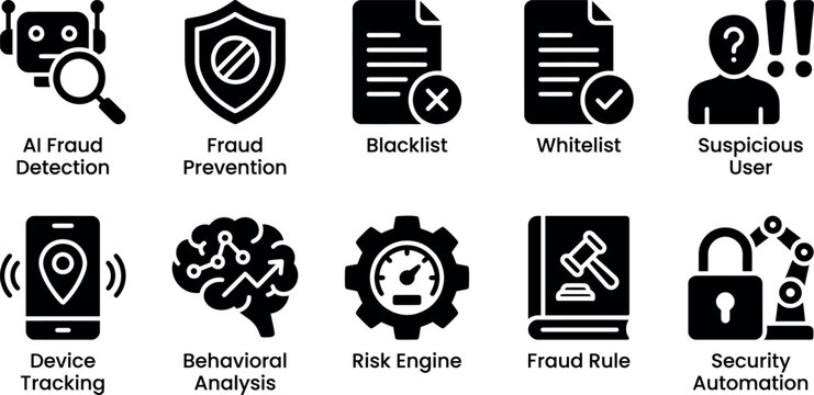 AI Fraud Detection and Risk Management Glyph Icons Set, Fraud Prevention, Behavioral Analysis and Security Automation Solid Vector Collection