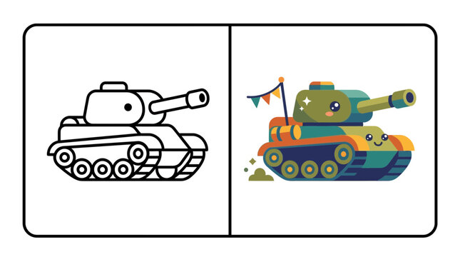 Cute army tank character coloring page for kids.