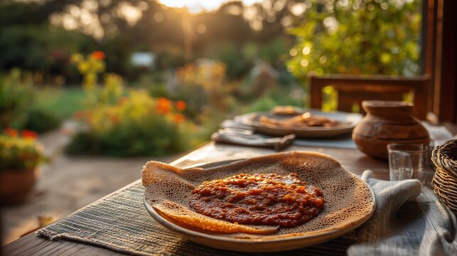 Injera with spicy wot served on an outdoor patio table during golden hour, warm sunset lighting, rich stew and flatbread texture, casual African dining atmosphere.
