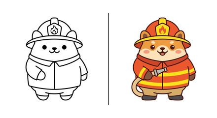 Fototapeta premium Cute cat firefighter character in line art and color.