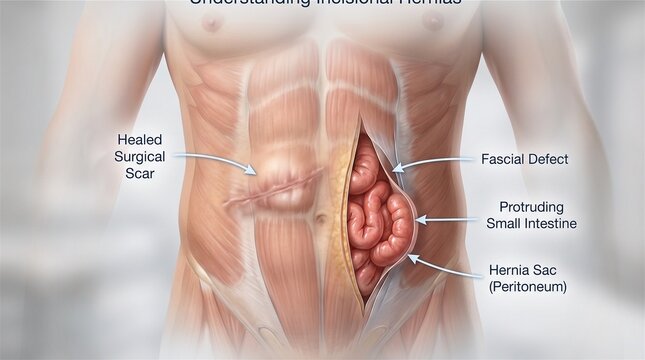 Protruding intestine through surgical scar incisional hernia