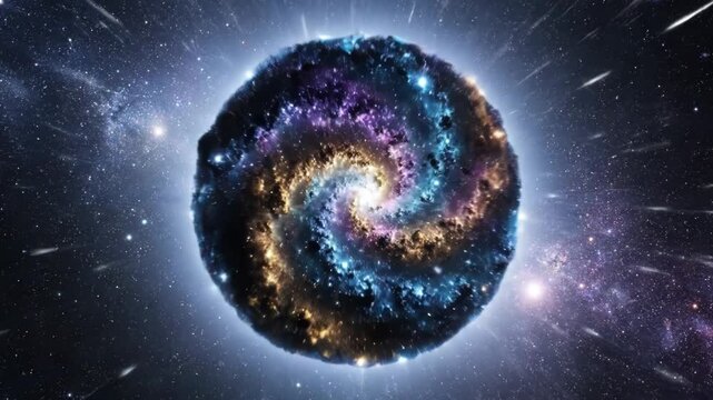 Bright star shining in the deep space with a glowing lens flare effect and galactic background