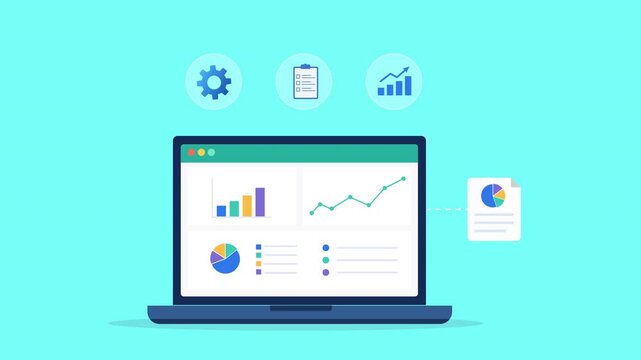 Modern flat vector animation featuring an analytics dashboard with workflow, task management, and performance monitoring icons. Ideal for business operations, productivity tracking, reporting, and pro