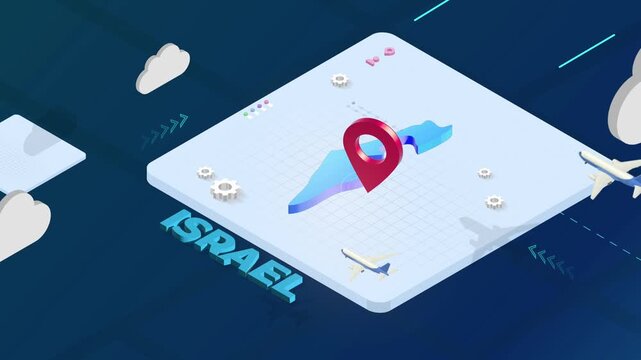 Isometric 3D Render of Israel Map with Red Location Pin Pointer and Floating Airplanes