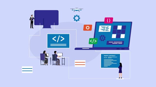 Software Development and Blockchain Smart Contract Engineering Ecosystem cartoon animation