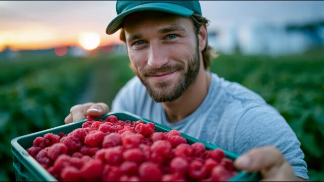 Young farmer presents a box of ripe raspberries in a sunlit field at sunset, highlighting fresh harvest, organic farming, and local produce