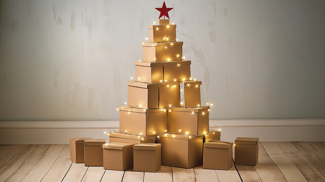 Stacked cardboard box Christmas tree with glowing string light and red star on wooden floor