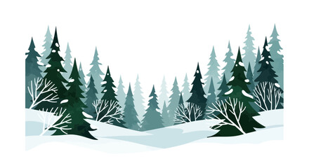 Obraz premium Winter forest landscape with snowy evergreen pine trees and bushes
