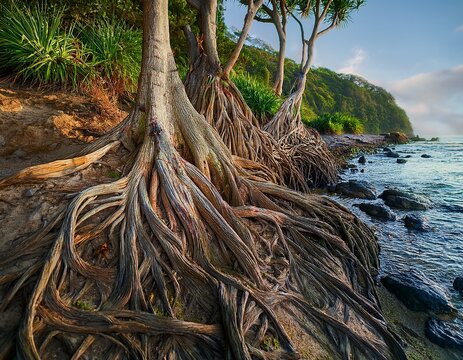 unique stilt roots of pandanus tectorius tree on coastal hill exotic screw pine botanical roots background for nature tourism banner tropical marine ecosystem scenery with pandan trees growth