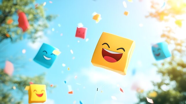 Colorful smiling cubes float in the air amidst falling party confetti under a bright sunny sky celebrating joyous occasions with playful characters expressing happiness and laughter during a