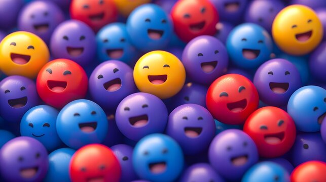 A vibrant assortment of colorful spheres featuring cheerful expressions piled together to represent joy community teamwork harmony happiness friendship unity fun optimism connection and positive