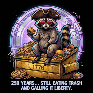 Funny Colonial Raccoon eating Burger on Trash Dumpster Vector Art Still Eating Trash Quote