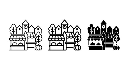 Fototapeta premium Autumn Market Village Icons Set, Fall Harvest Town Buildings, Seasonal Shopping Stalls, Vector Graphics Collection