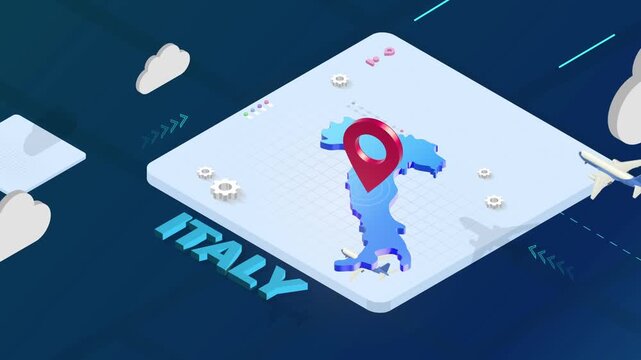 Isometric 3D Render of Italy Map with Red Location Pin Pointer and Floating Airplanes