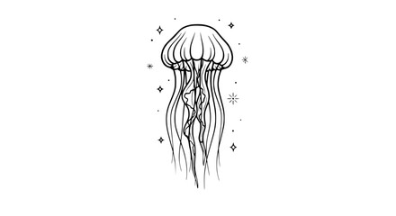 Minimalist black and white jellyfish illustration with stars © illustration vector 