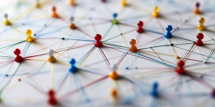 Detailed close-up of a network of pins and threads in various colors.