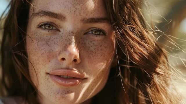 A detailed close-up portrait showcases a woman with freckles, hazel eyes, and flowing hair. Soft lighting enhances her skin texture and hair, creating a natural, sun-kissed beauty.