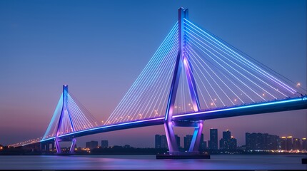 Obraz premium Luminous Skyline Bridge: Modern Architecture with LED Lights at Dusk