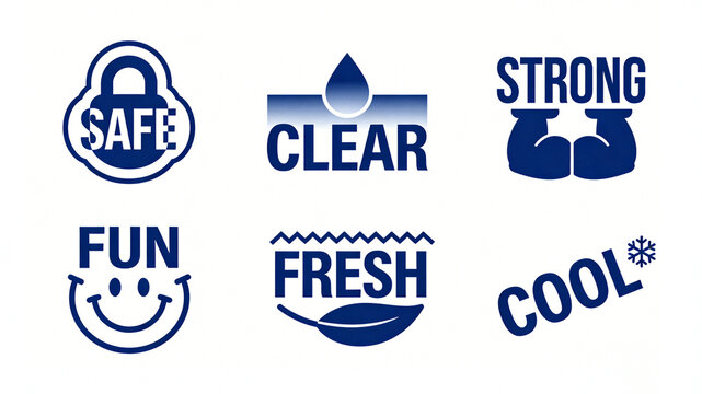 Six deep blue functional identification icons represent the concept of safety, freshness, strength, and vitality, suitable for labeling the characteristics of personal care and cleaning products.
