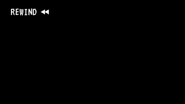 VHS tape rewind glitched on black background. 4K Animated VHS video tape rewind screen with noise effect