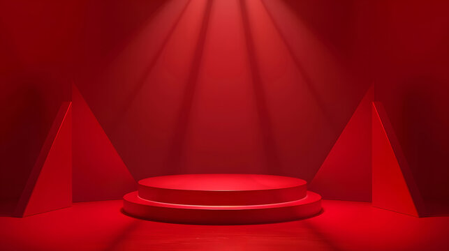 Empty Two-tier Red Stage Under Spotlights with Decorative Backdrops