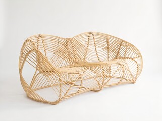 Obraz premium Modern sculptural rattan sofa with organic curves isolated on a white background