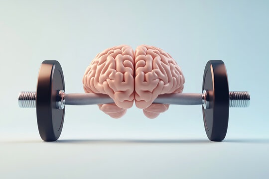 Heavy mental load visualized by brain lifting intense dumbbell weight, showing cognitive strength requirement and brain fitness importance for high performance.