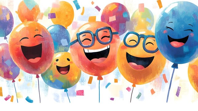 Colorful festive balloons with happy smiling faces and spectacles joyfully floating during a grand carnival celebration party filled with vibrant confetti falling everywhere under a bright clear