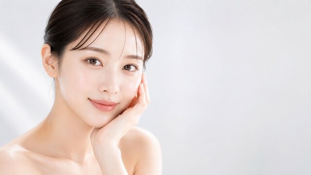 白いハイキー背景で頬に手を添えて穏やかに微笑む若い女性の透明感ある素肌を強調したスキンケア美容ポートレート