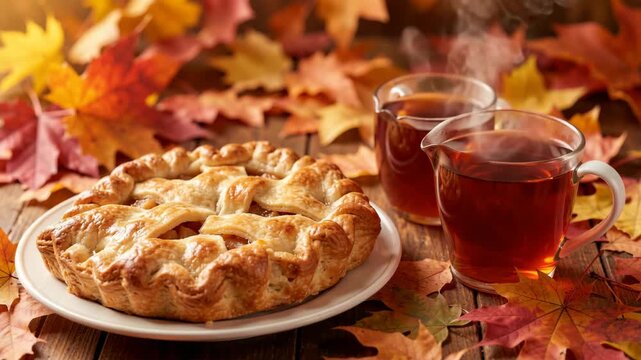 Warm apple pie sits on wooden table. Steam rises from two glass teacups beside pie. Fall leaves surround the plate in rich autumn tones. Cozy, rustic atmosphere evokes seasonal comfort