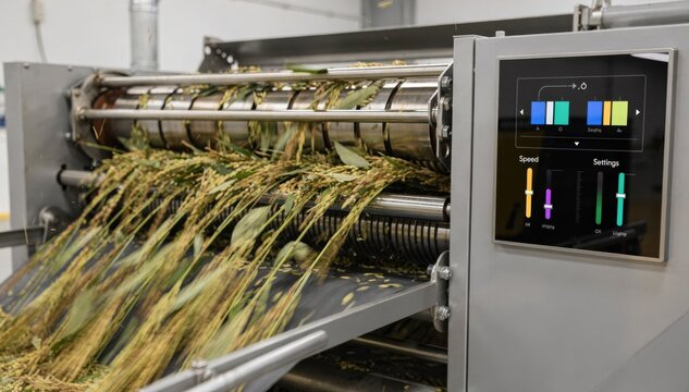 Medium shot of an adjustable threshing machine carefully detaching stems from lamina highlighting customizable speed and settings to optimize crop quality and minimize damage.